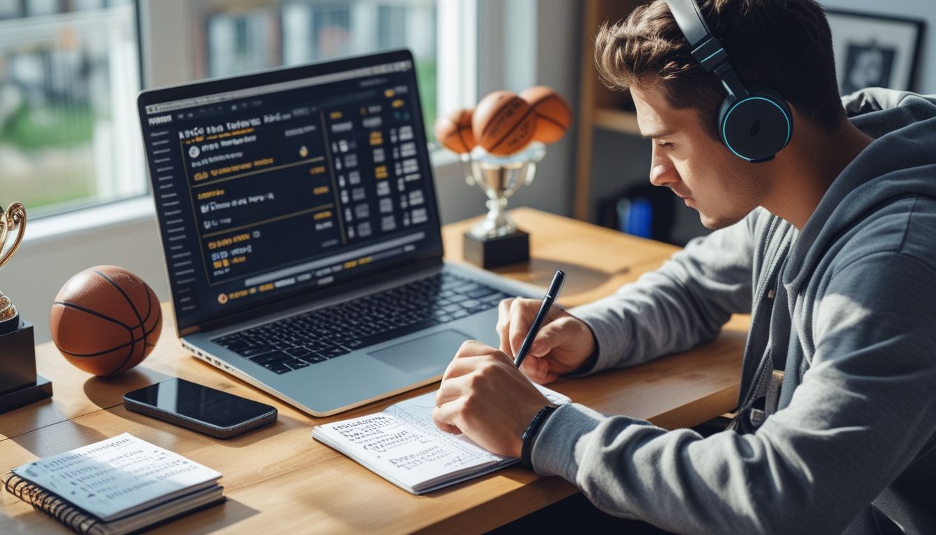 Seorang dewasa muda sedang menganalisis data taruhan NBA online di laptop di meja kerja dengan bola basket dan headphone di sekitarnya.