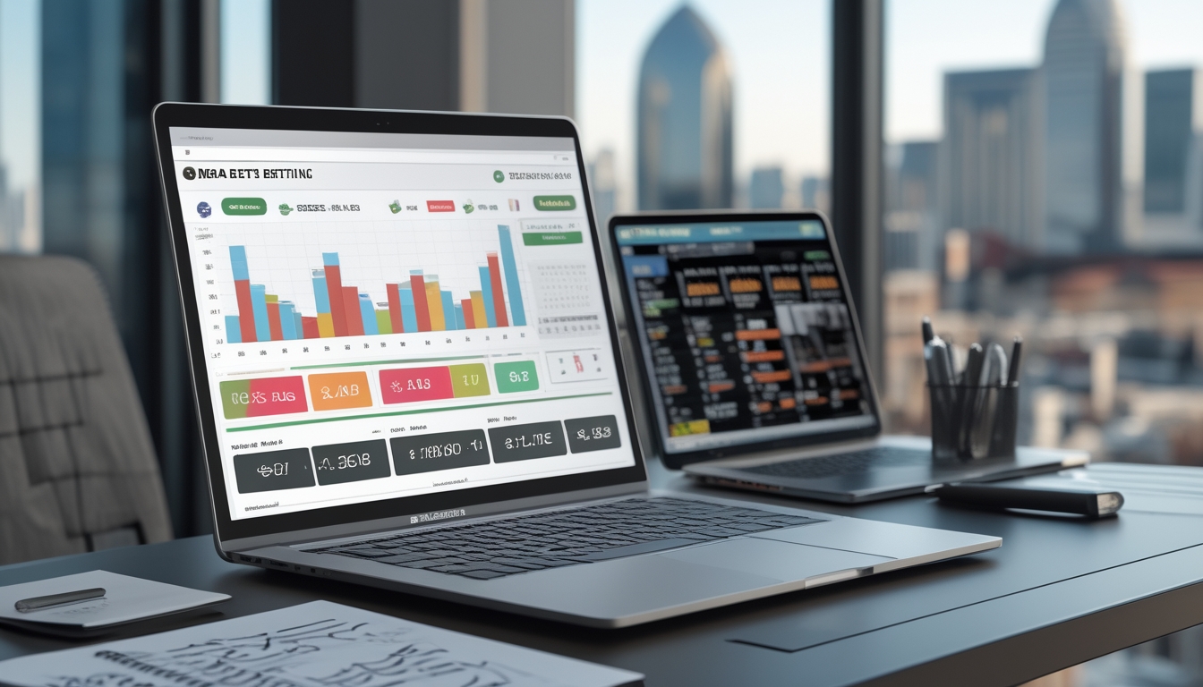 Sebuah ruang kerja modern dengan laptop yang menampilkan statistik bola basket dan smartphone yang menayangkan pertandingan NBA secara langsung.