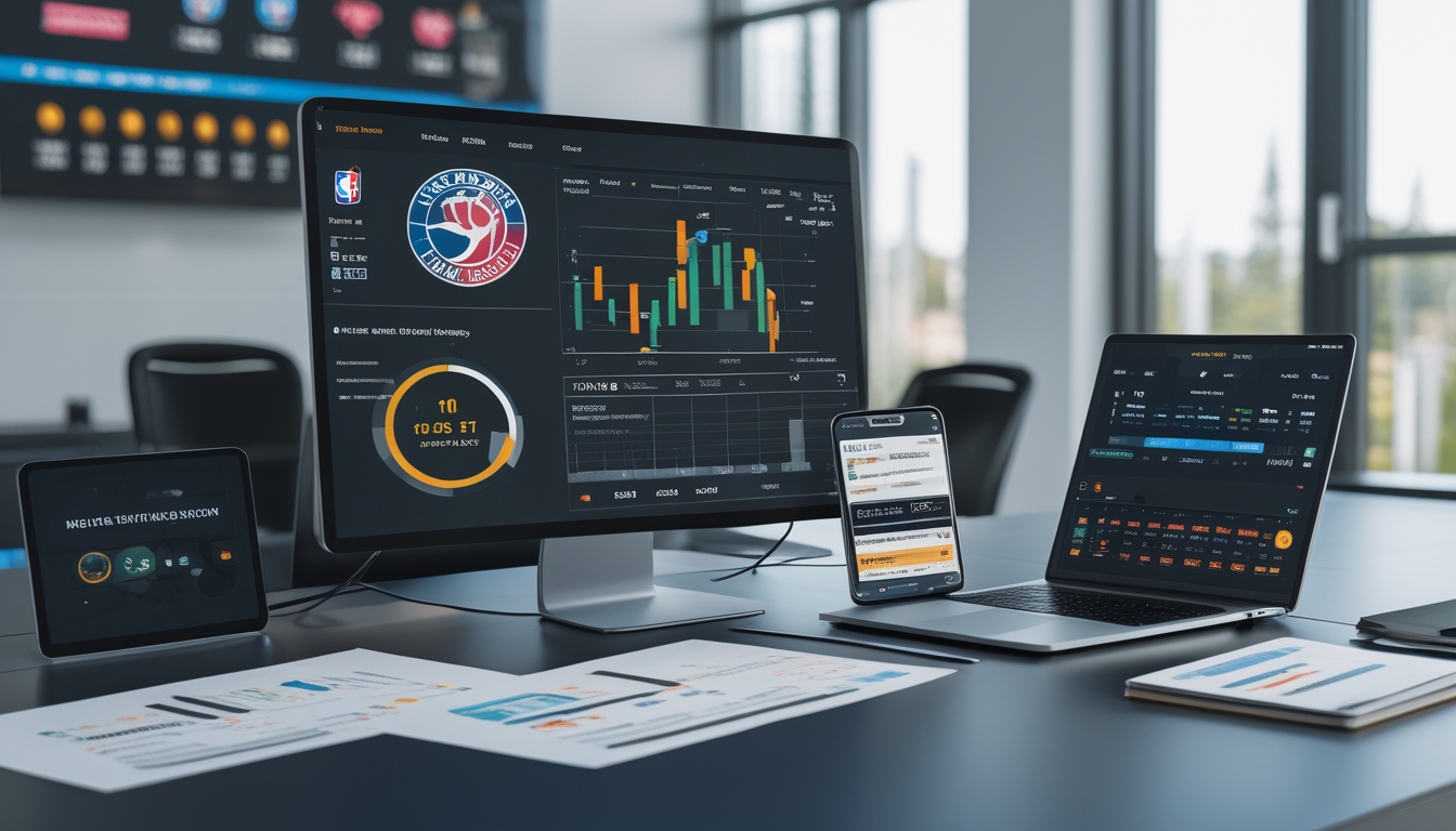 Meja kerja modern dengan beberapa perangkat digital menampilkan grafik dan statistik NBA, serta laporan data yang tersebar, menggambarkan analisis dan strategi taruhan NBA online.