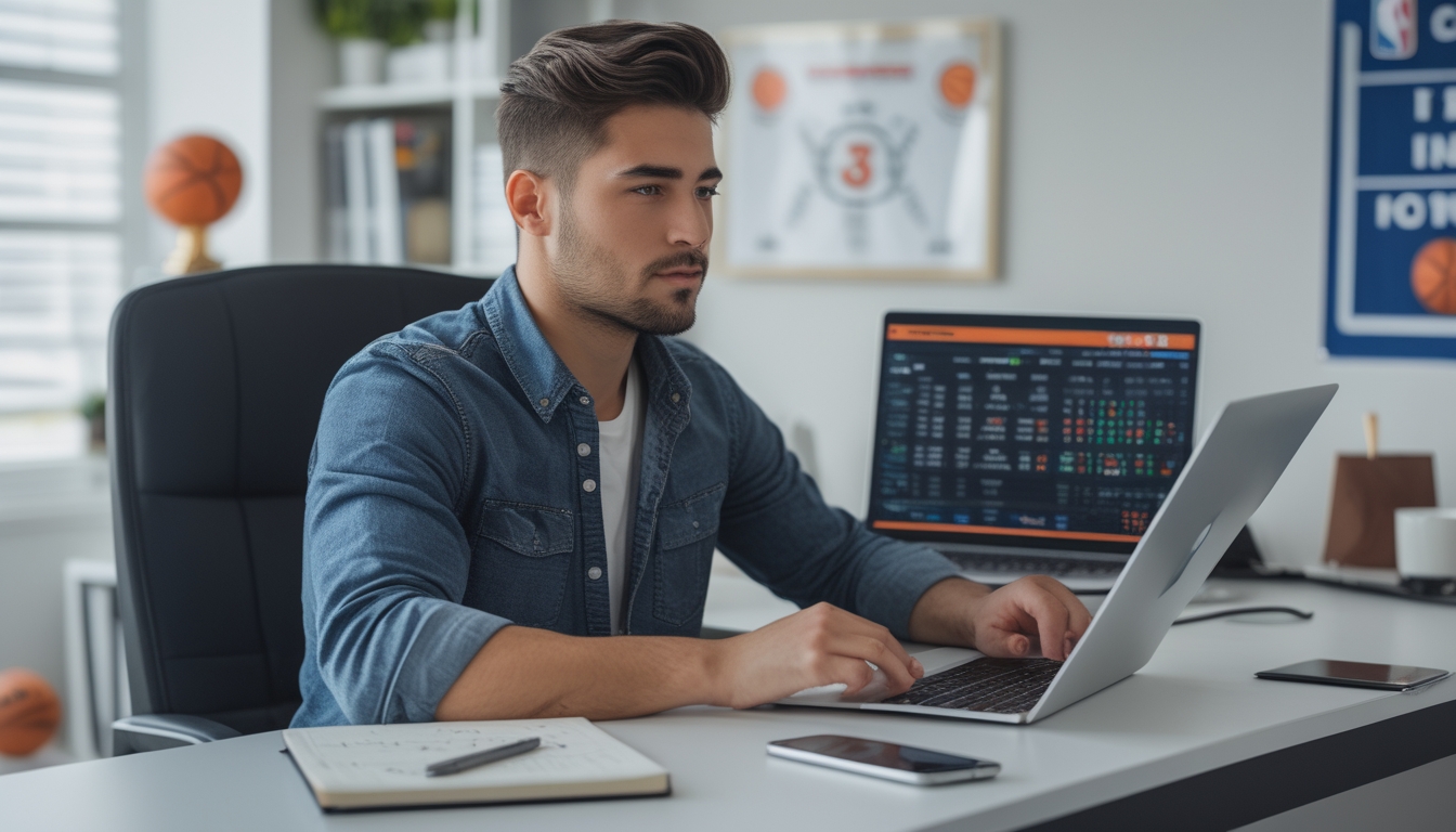 Seorang pria muda duduk di meja dengan laptop yang menampilkan statistik dan peluang taruhan NBA, terlihat fokus dan menganalisis data di ruangan berdekorasi dengan tema bola basket.