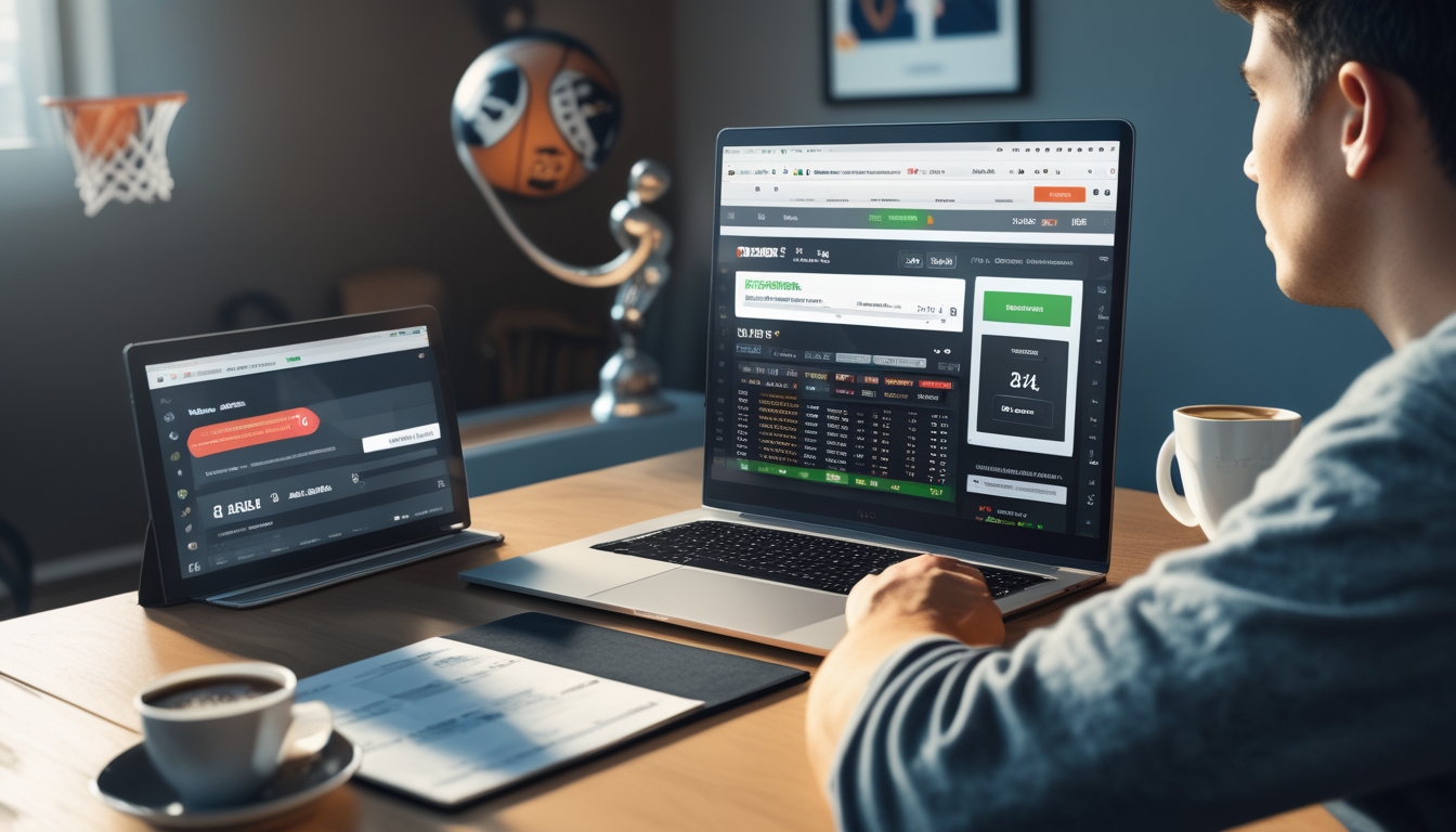 Seorang pria muda sedang fokus menggunakan laptop dan ponsel di meja kerja dengan tema taruhan NBA online.
