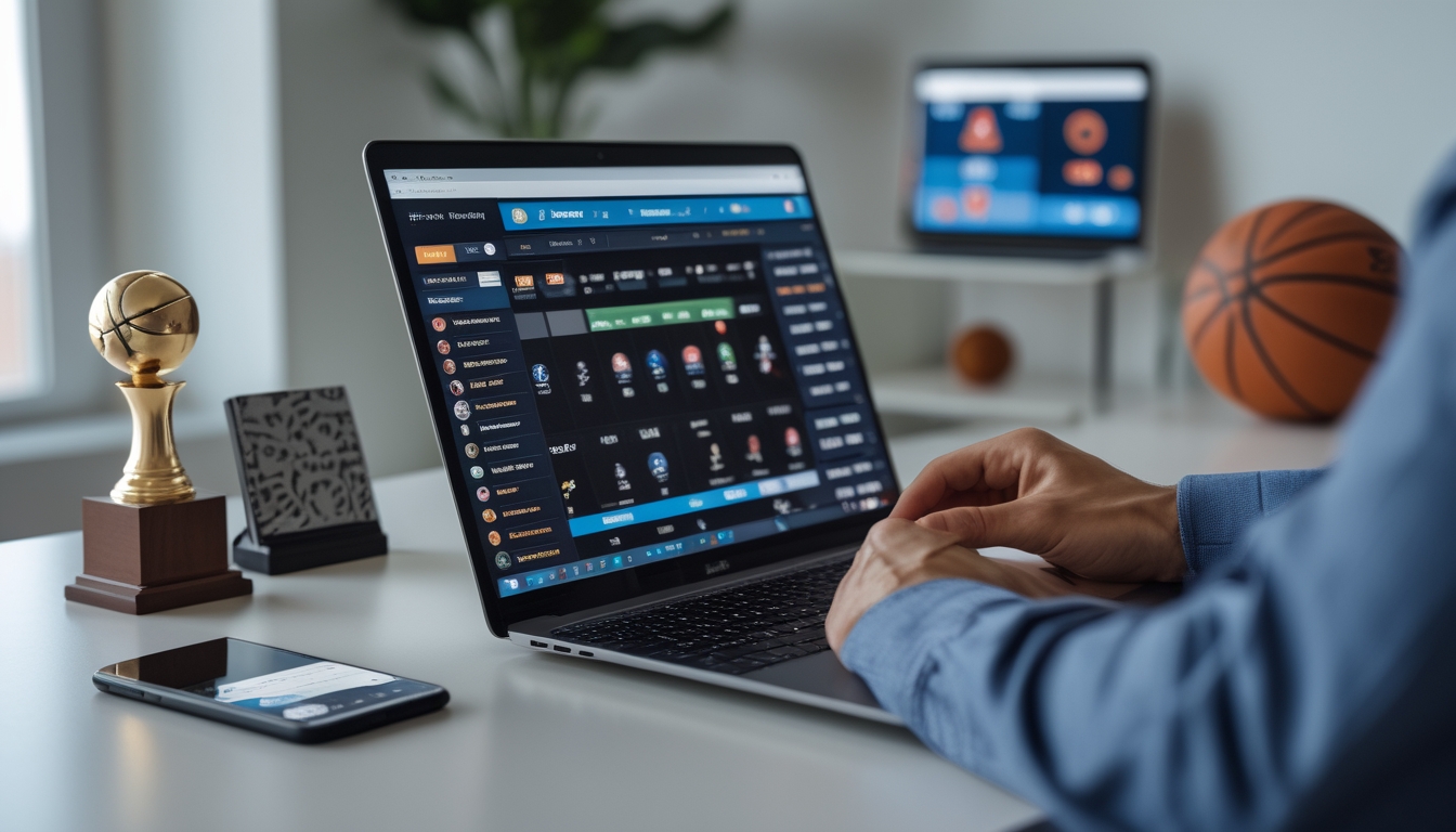 Seseorang menggunakan laptop dan smartphone untuk melihat statistik dan pertandingan NBA dalam suasana kerja profesional.