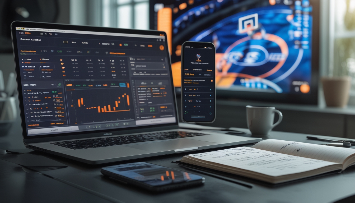 Meja kerja dengan laptop yang menampilkan statistik NBA dan peluang taruhan, smartphone dengan pertandingan bola basket langsung, serta buku catatan dengan strategi taruhan.