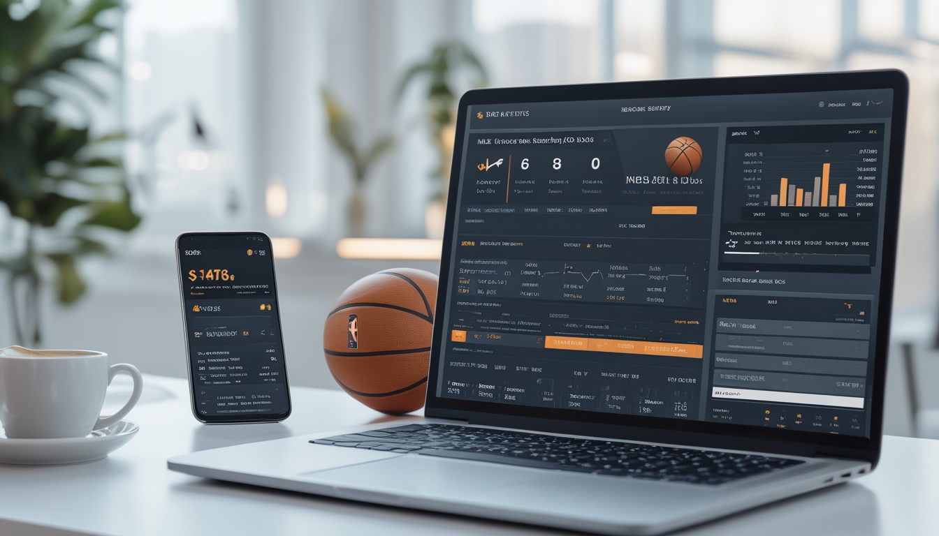 Meja kerja dengan laptop yang menampilkan statistik bola basket dan aplikasi taruhan, bola basket dan ponsel di samping, di ruang kantor yang terang dan rapi.