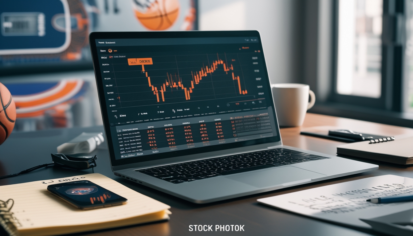 Meja kerja dengan laptop yang menampilkan statistik dan peluang taruhan NBA, smartphone dengan pertandingan bola basket langsung, buku catatan, dan secangkir kopi.