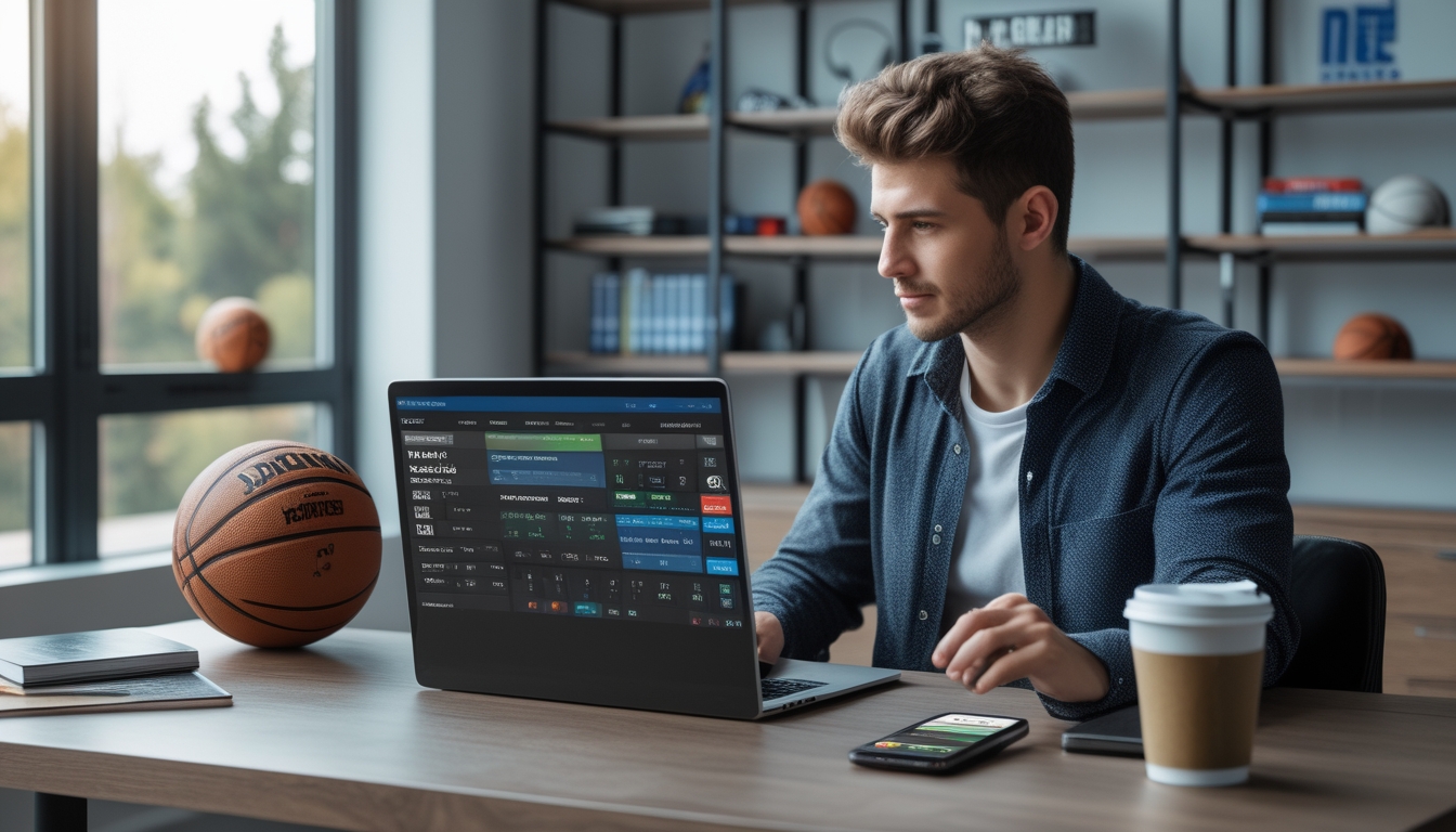 Seorang pria muda duduk di meja dengan laptop yang menampilkan statistik NBA dan aplikasi taruhan, di ruangan dengan cahaya alami dan perlengkapan bola basket.