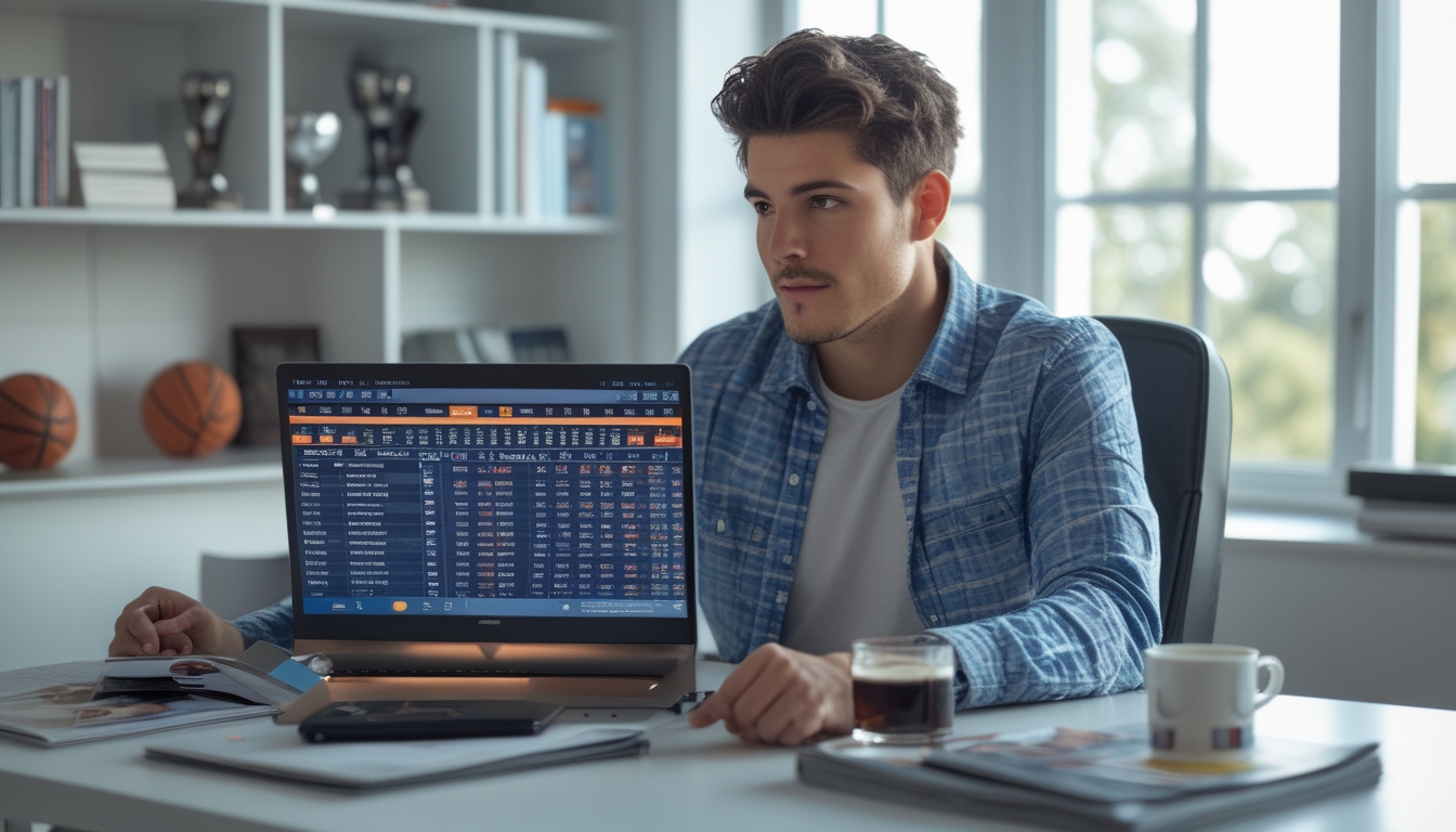 Seorang pria muda duduk di meja kerja dengan laptop yang menampilkan statistik dan peluang taruhan NBA, dikelilingi oleh barang-barang bertema bola basket di ruang kerja yang terang.