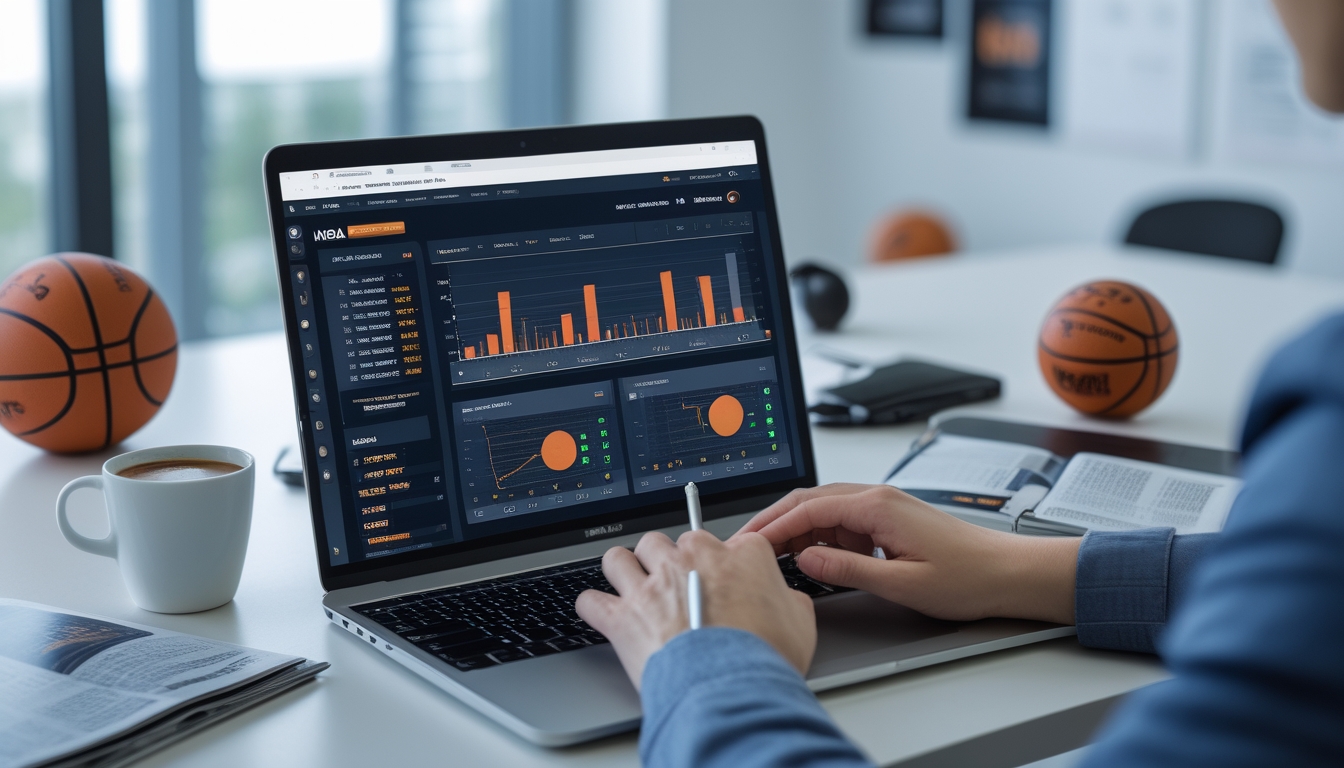 Meja kerja dengan laptop menampilkan statistik NBA dan tangan seseorang yang sedang menganalisis data taruhan bola basket.