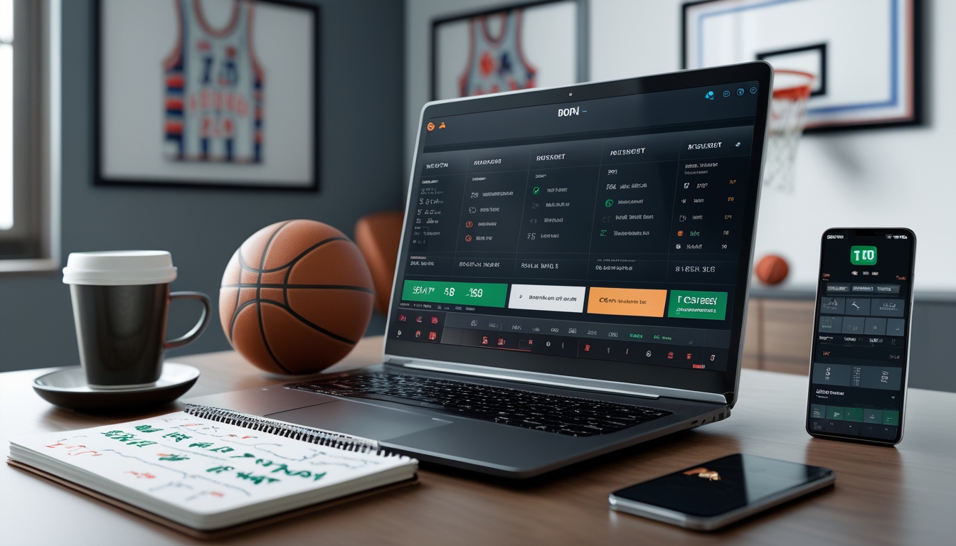 Meja kerja dengan laptop menampilkan statistik bola basket dan peluang taruhan, bola basket, buku catatan, kopi, dan ponsel yang menayangkan pertandingan NBA secara langsung.