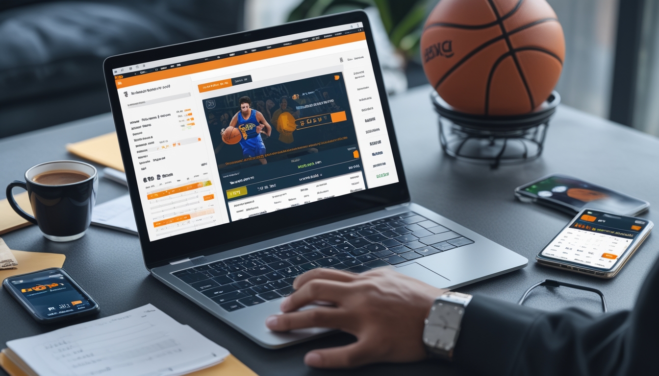 Sebuah meja kerja dengan laptop yang menampilkan pertandingan NBA dan aplikasi taruhan, dikelilingi catatan, ponsel, dan bola basket.