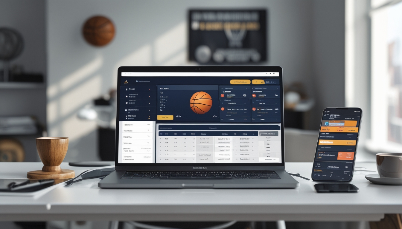 Meja kerja modern dengan laptop yang menampilkan statistik NBA dan peluang taruhan, ponsel yang menayangkan pertandingan bola basket langsung, serta secangkir kopi.