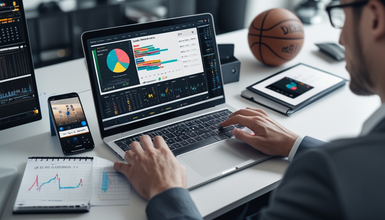 Meja kerja dengan laptop yang menampilkan statistik tim NBA, smartphone dengan pertandingan NBA langsung, dan tangan seseorang sedang menggunakan laptop.