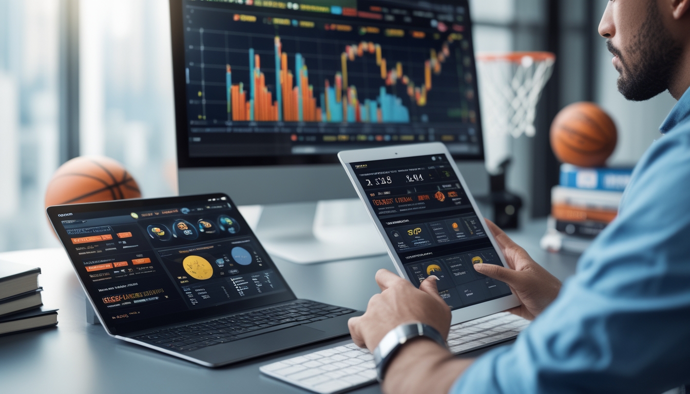 Sebuah meja kerja modern dengan komputer dan tablet yang menampilkan statistik tim NBA, dikelilingi oleh elemen bertema bola basket.