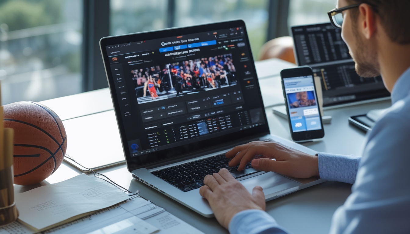 Seseorang menggunakan laptop dengan tampilan pertandingan NBA dan peluang taruhan, di meja kerja yang rapi dengan bola basket dan ponsel di sampingnya.