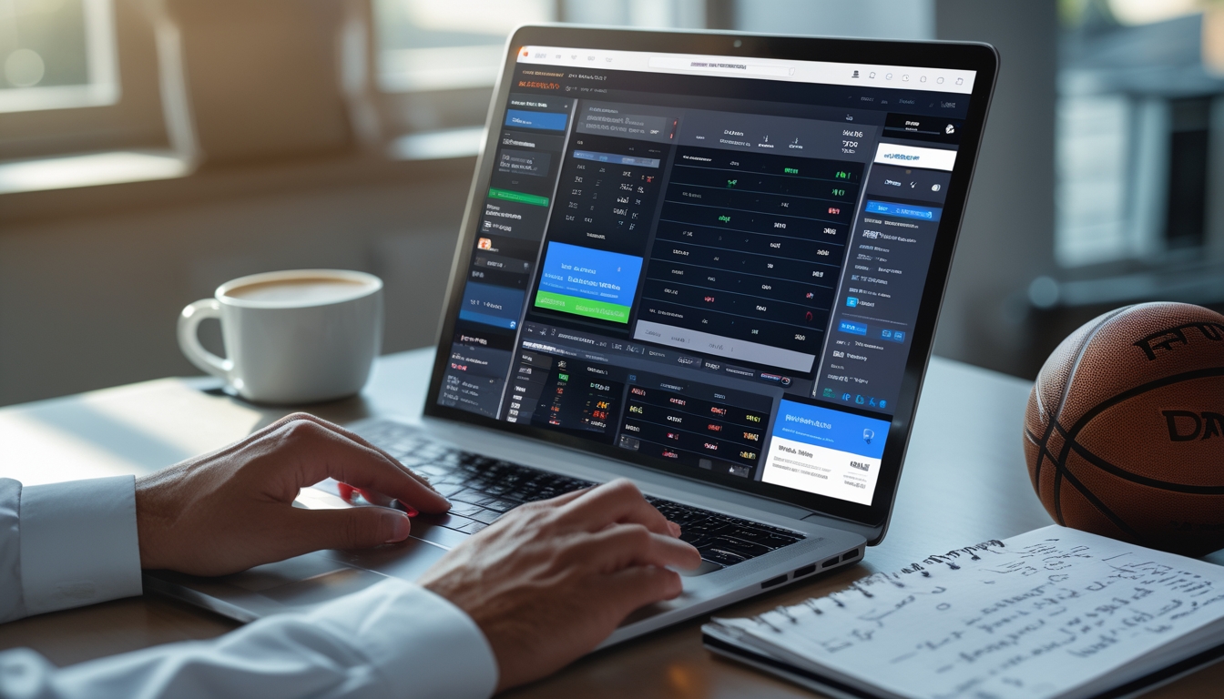 Meja kerja dengan laptop yang menampilkan statistik dan peluang taruhan NBA, ponsel dengan siaran langsung pertandingan bola basket, serta buku catatan dengan tips taruhan NBA.