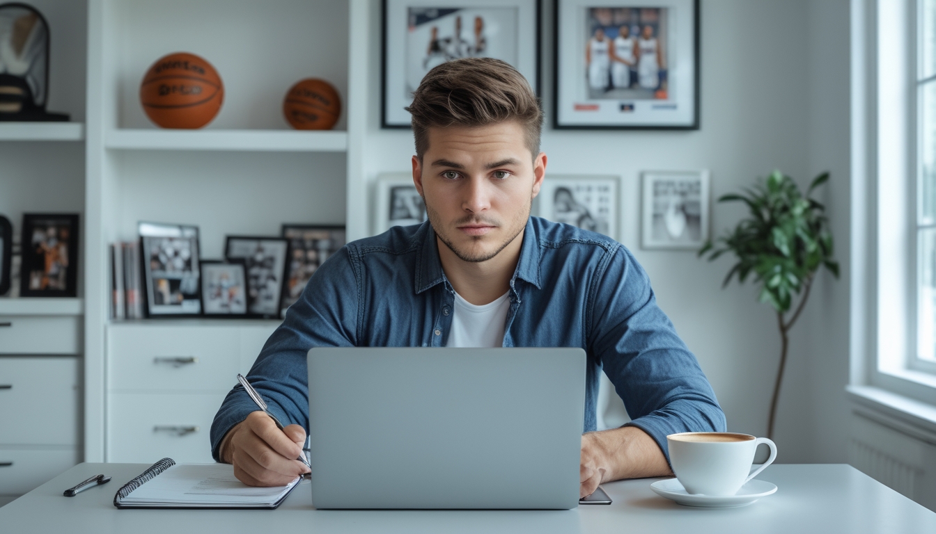 Seorang pria muda duduk di meja dengan laptop, menganalisis statistik dan peluang taruhan NBA di ruang kerja yang terang dan rapi.