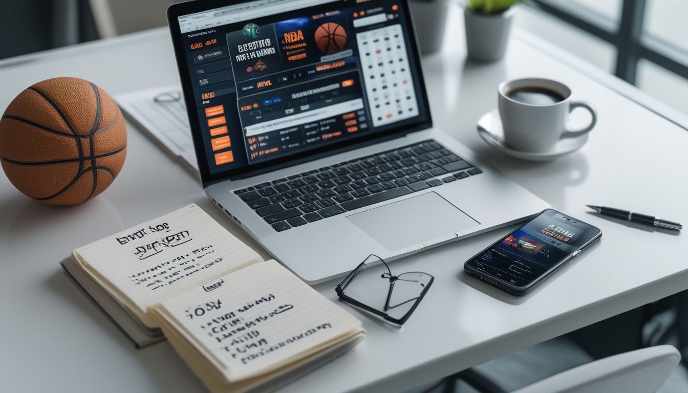 Meja kerja dengan laptop menampilkan pertandingan bola basket dan peluang taruhan, buku catatan dengan tips, ponsel dengan aplikasi bola basket, dan bola basket di sampingnya.