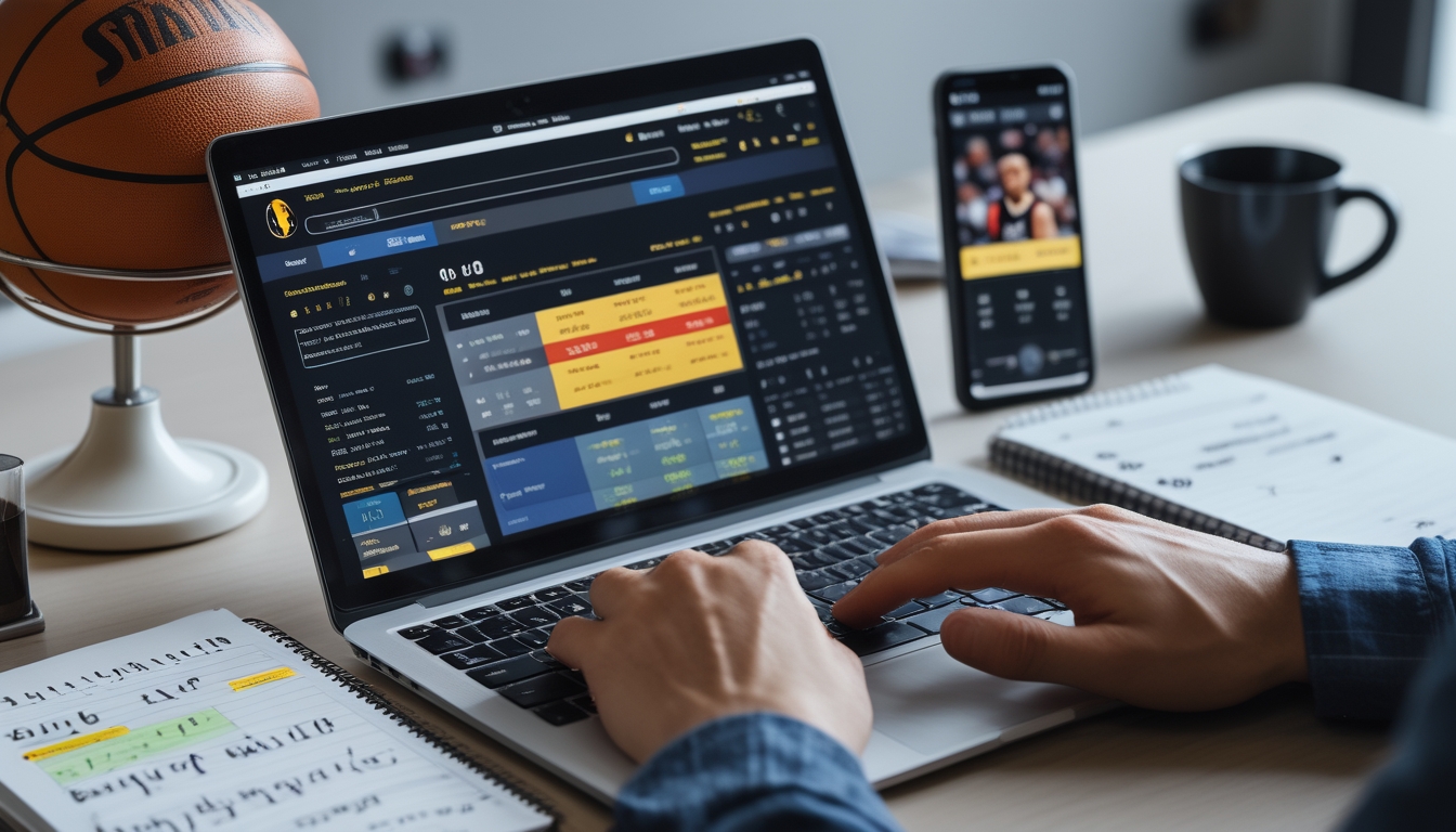 Seseorang sedang bekerja dengan laptop dan catatan strategi taruhan NBA online di meja kerja yang rapi.