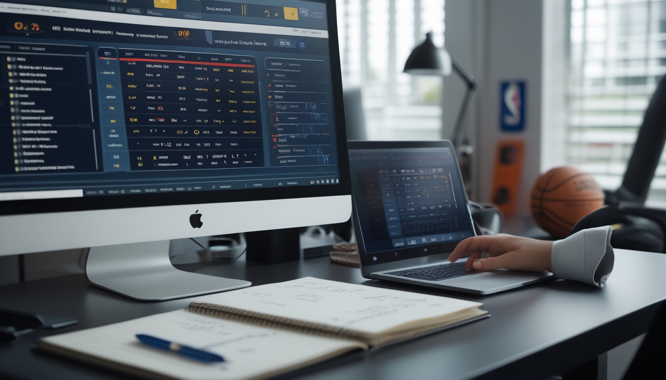 Sebuah meja kerja modern dengan komputer yang menampilkan statistik dan peluang taruhan NBA, serta ponsel yang menunjukkan pertandingan NBA secara langsung.