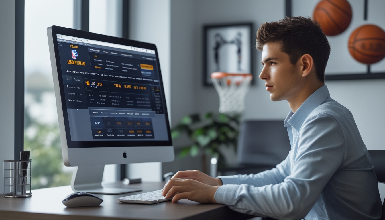 Seseorang duduk di depan komputer dengan tampilan situs taruhan NBA online, di ruang kerja dengan dekorasi bertema bola basket.