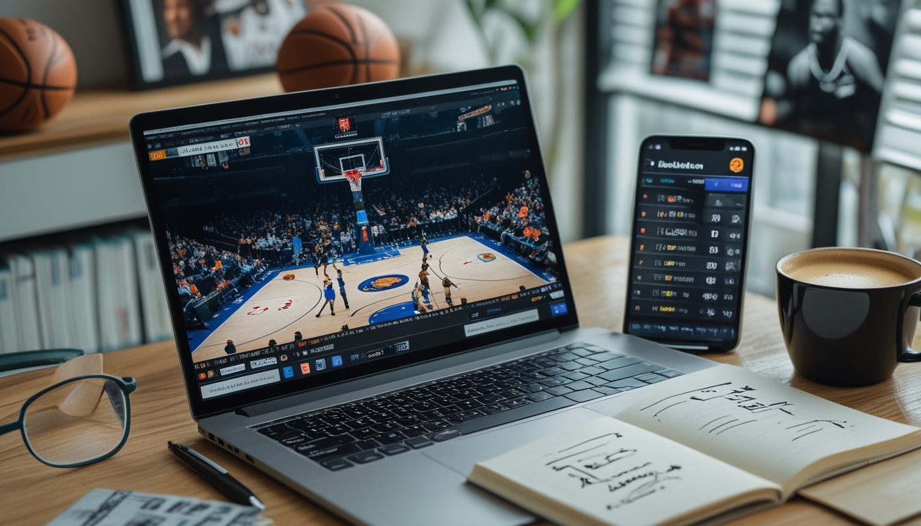 Sebuah ruang kerja dengan laptop menampilkan pertandingan NBA, ponsel dengan peluang taruhan, dan catatan strategi di atas meja.