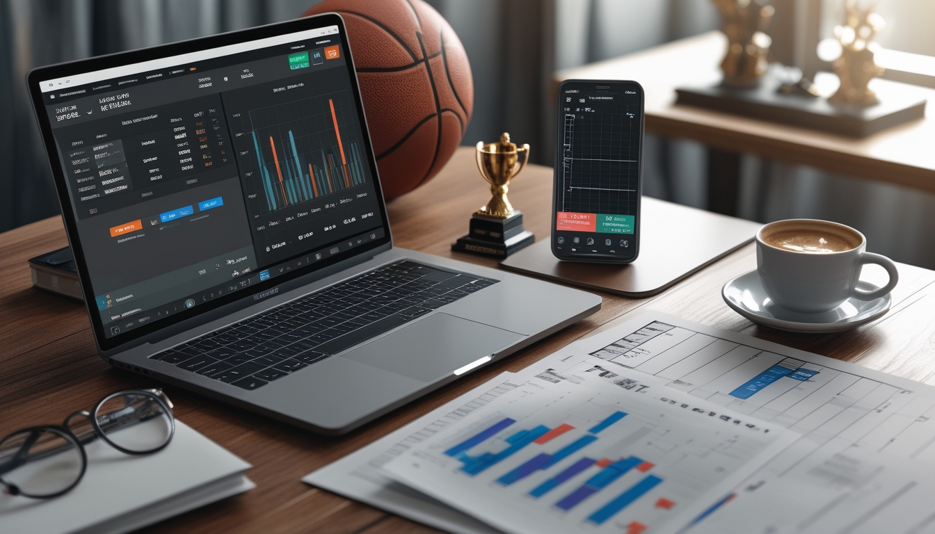 Meja kerja dengan laptop menampilkan statistik NBA, ponsel dengan pertandingan langsung, dan dokumen analisis taruhan bola basket.