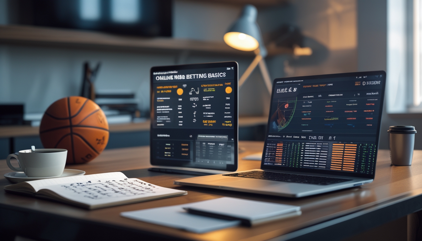 Meja kerja dengan laptop, ponsel menampilkan pertandingan NBA, dan buku catatan di samping bola basket dan cangkir kopi.