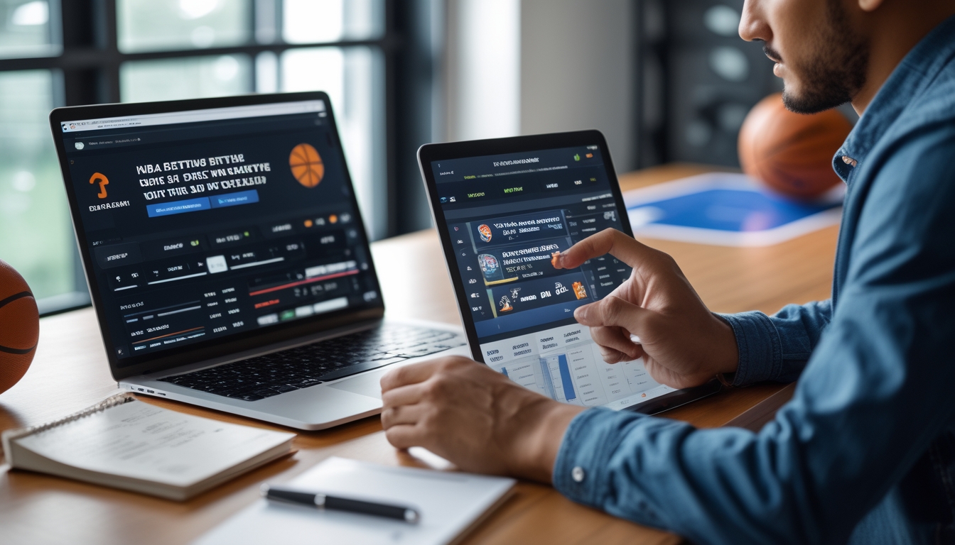 Seseorang sedang menggunakan laptop dan tablet untuk menganalisis taruhan NBA online dengan peralatan kerja di meja.