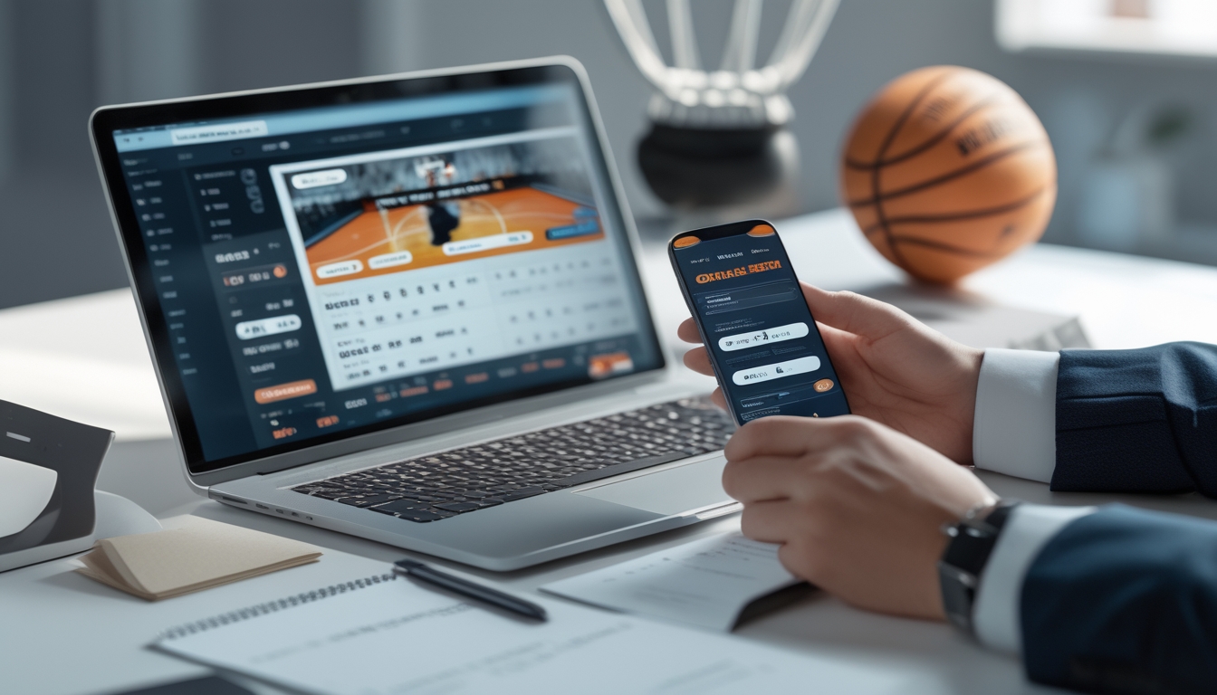 Meja kerja dengan laptop yang menampilkan pertandingan bola basket dan smartphone dengan aplikasi taruhan, serta tangan seseorang yang sedang menggunakan perangkat tersebut.