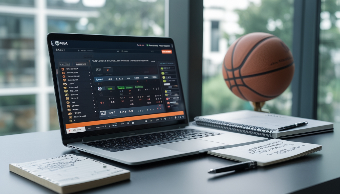 Meja kerja dengan laptop yang menampilkan statistik NBA dan peluang taruhan, smartphone dengan pertandingan bola basket langsung, serta catatan strategi di atas meja.