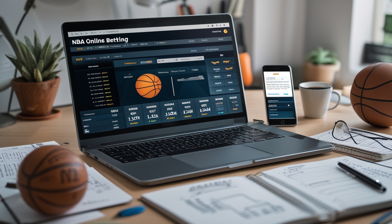 Meja kerja dengan laptop, ponsel, dan catatan strategi taruhan NBA online, dilengkapi dengan miniatur bola basket dan diagram lapangan basket.