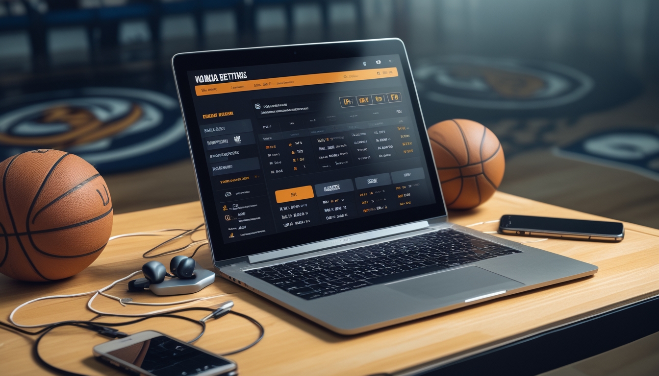 Seseorang menggunakan laptop dengan situs taruhan NBA online, dikelilingi bola basket dan ponsel yang menampilkan skor pertandingan.