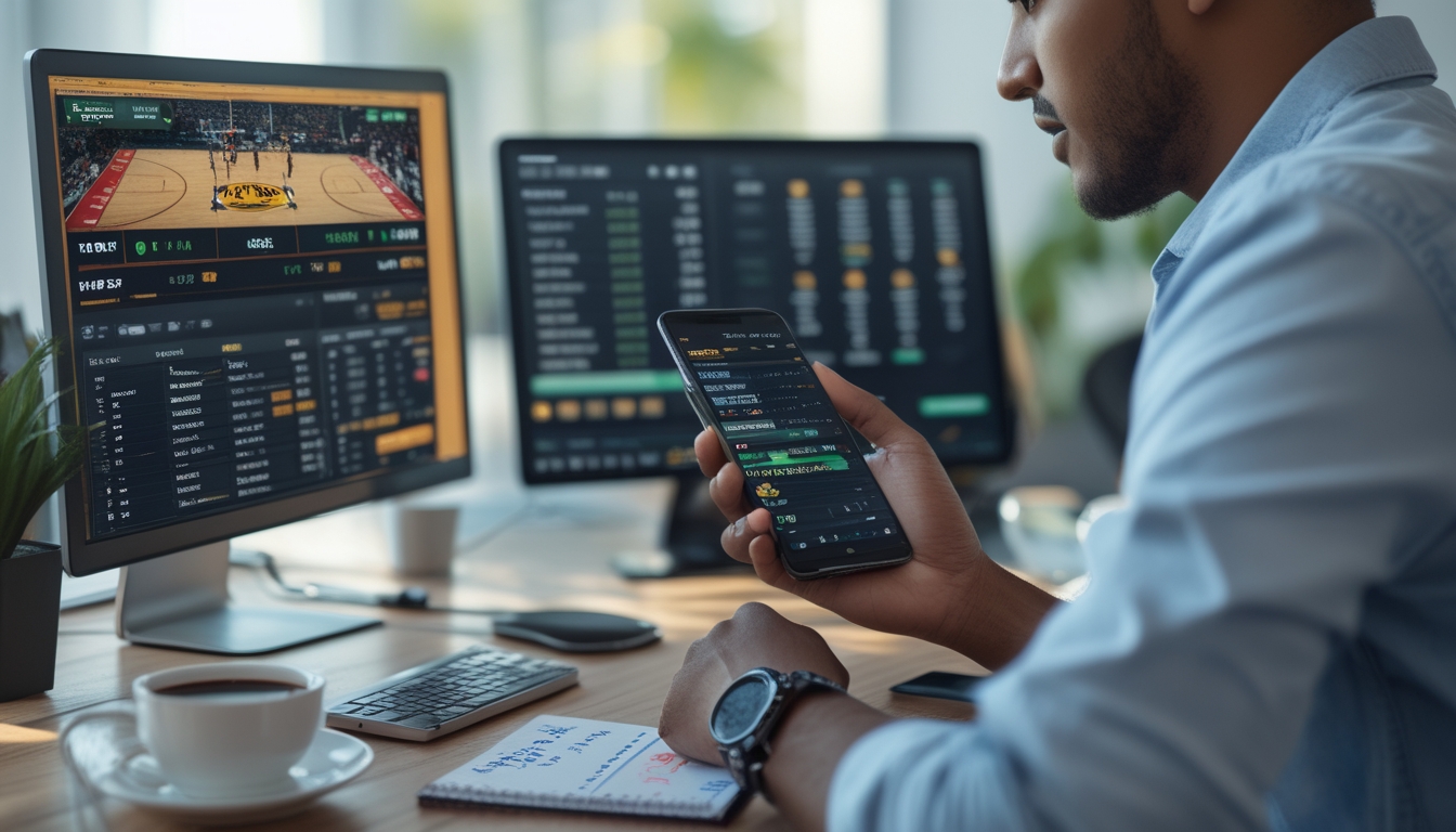 Seseorang menggunakan laptop dan ponsel untuk taruhan NBA online di meja kerja dengan bola basket dan catatan strategi di dekatnya.