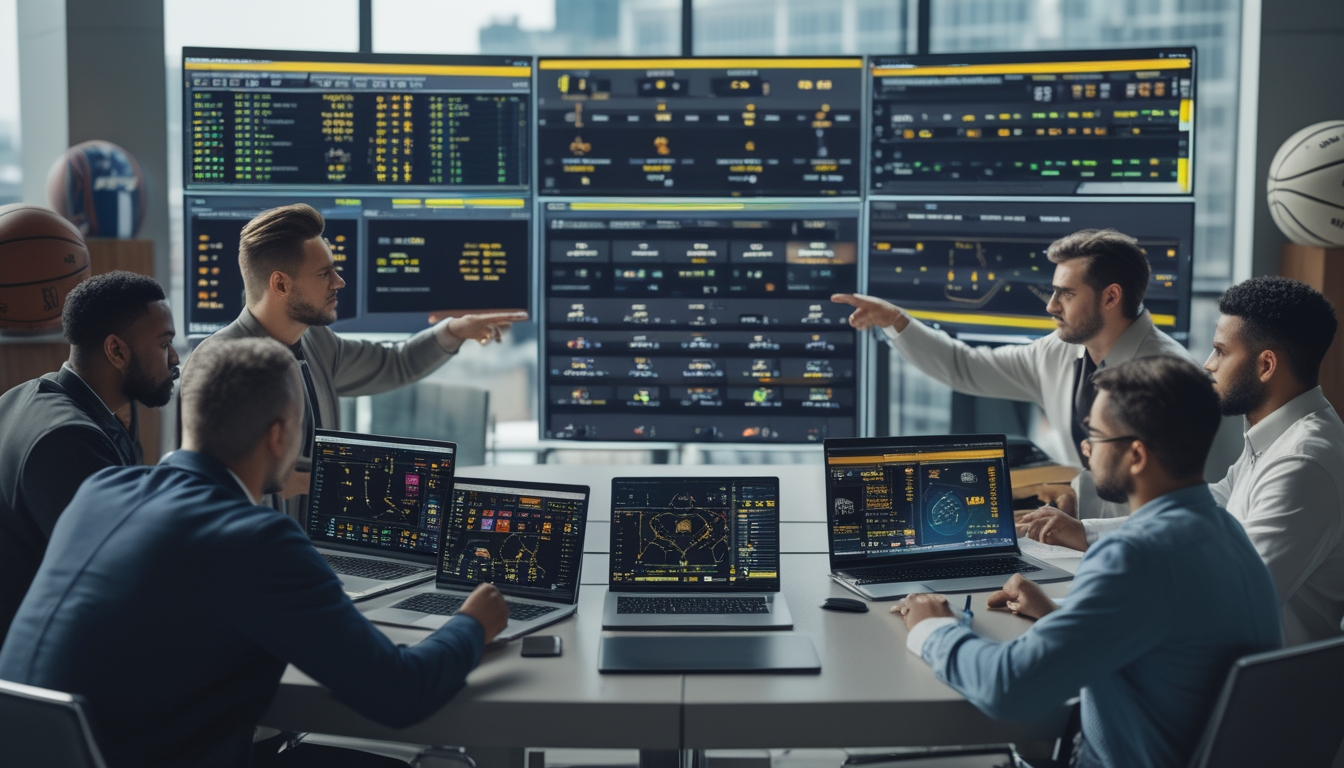 Sekelompok analis dan petaruh bola basket sedang mempelajari statistik tim NBA di layar digital di dalam kantor modern.