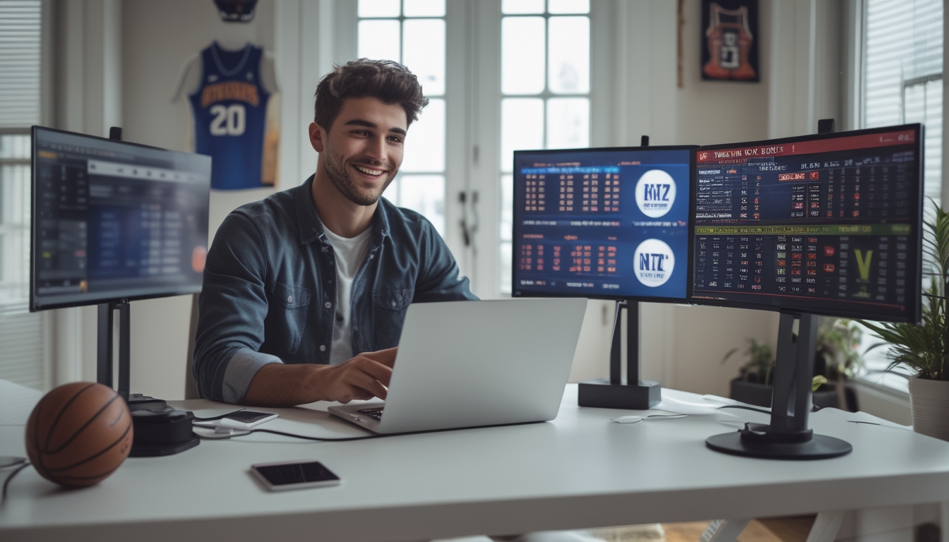 Seorang pria muda duduk di meja dengan beberapa layar menampilkan pertandingan NBA dan peluang taruhan, menggunakan laptop dan ponsel di ruang kerja yang terang dan nyaman.