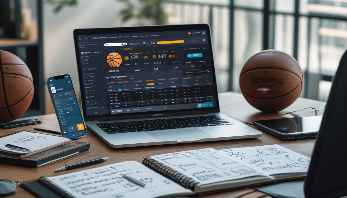 Seorang pria sedang menggunakan laptop dan smartphone untuk memasang taruhan NBA online di meja kerja dengan catatan dan bola basket di latar belakang.