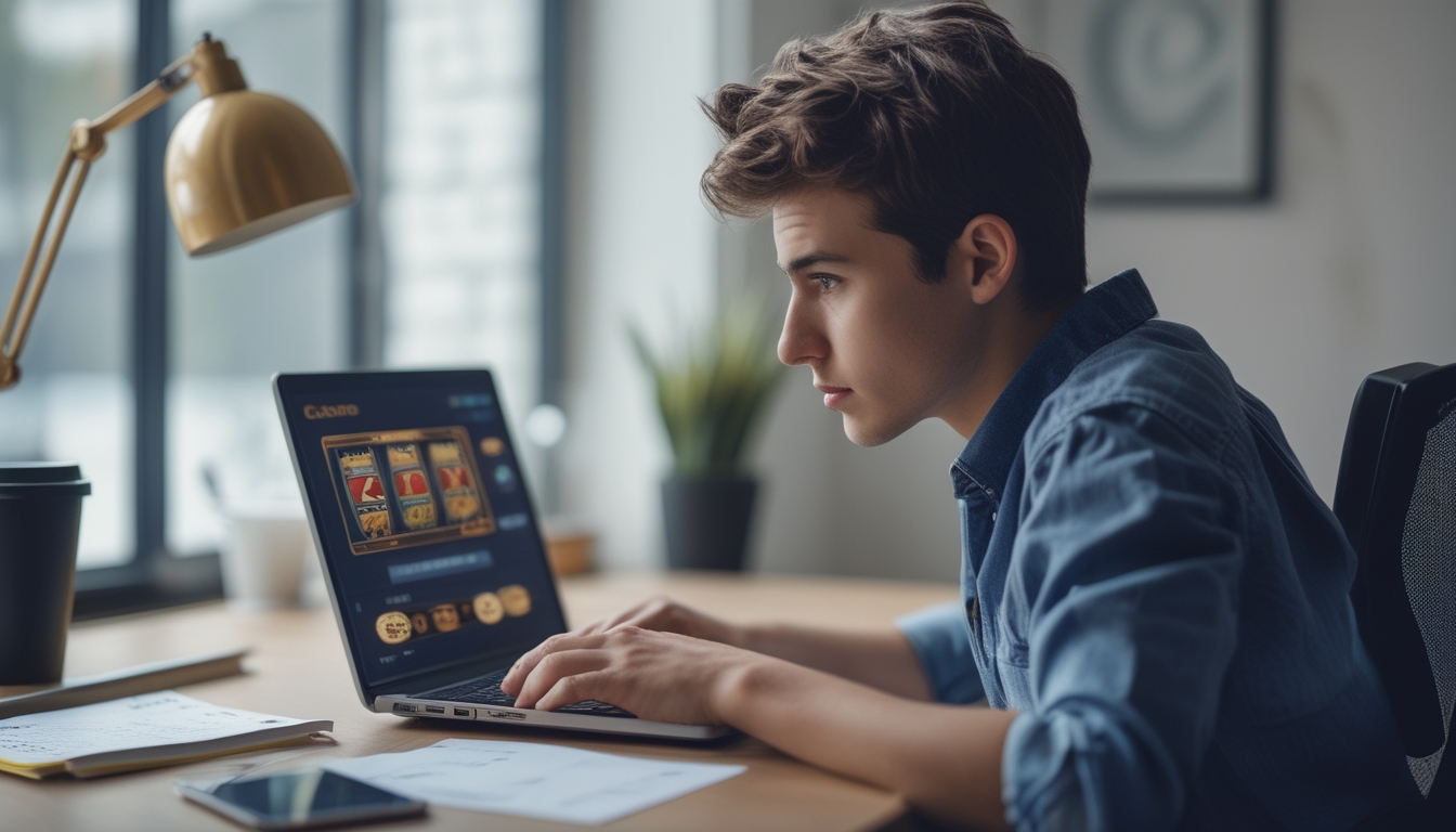 Seorang pemula bermain game slot online di laptop di ruang kerja rumah yang terang dan rapi.