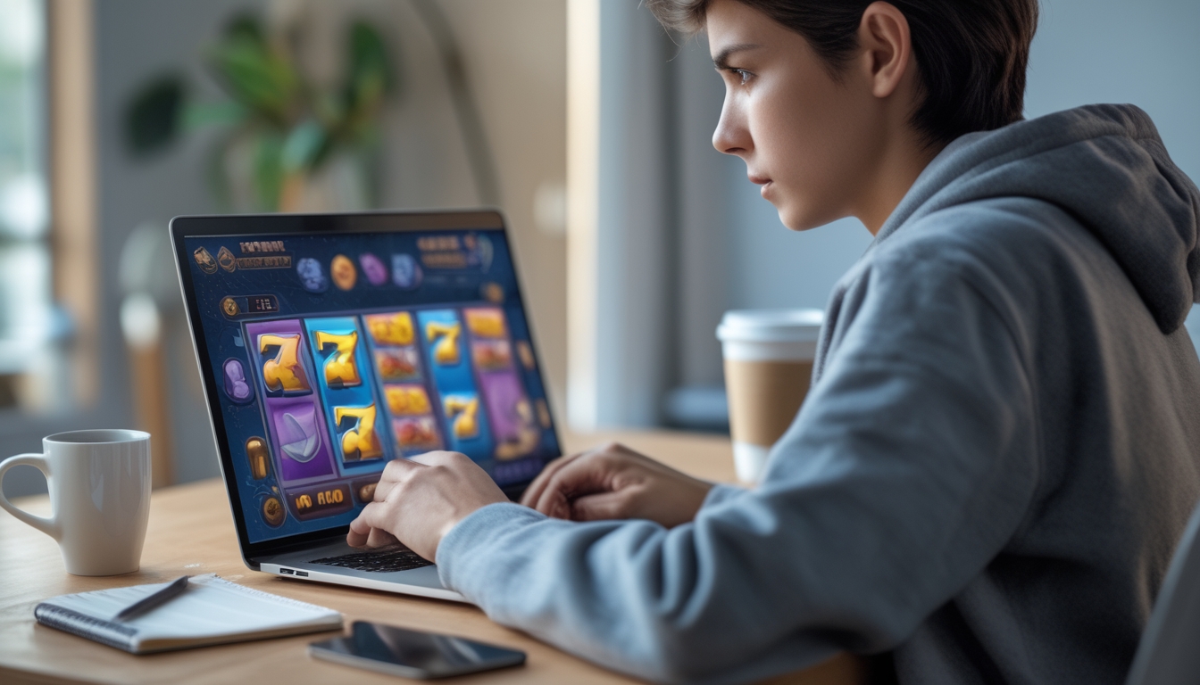 Seorang pemula sedang fokus bermain permainan slot online di laptop di ruang kerja rumah yang nyaman.