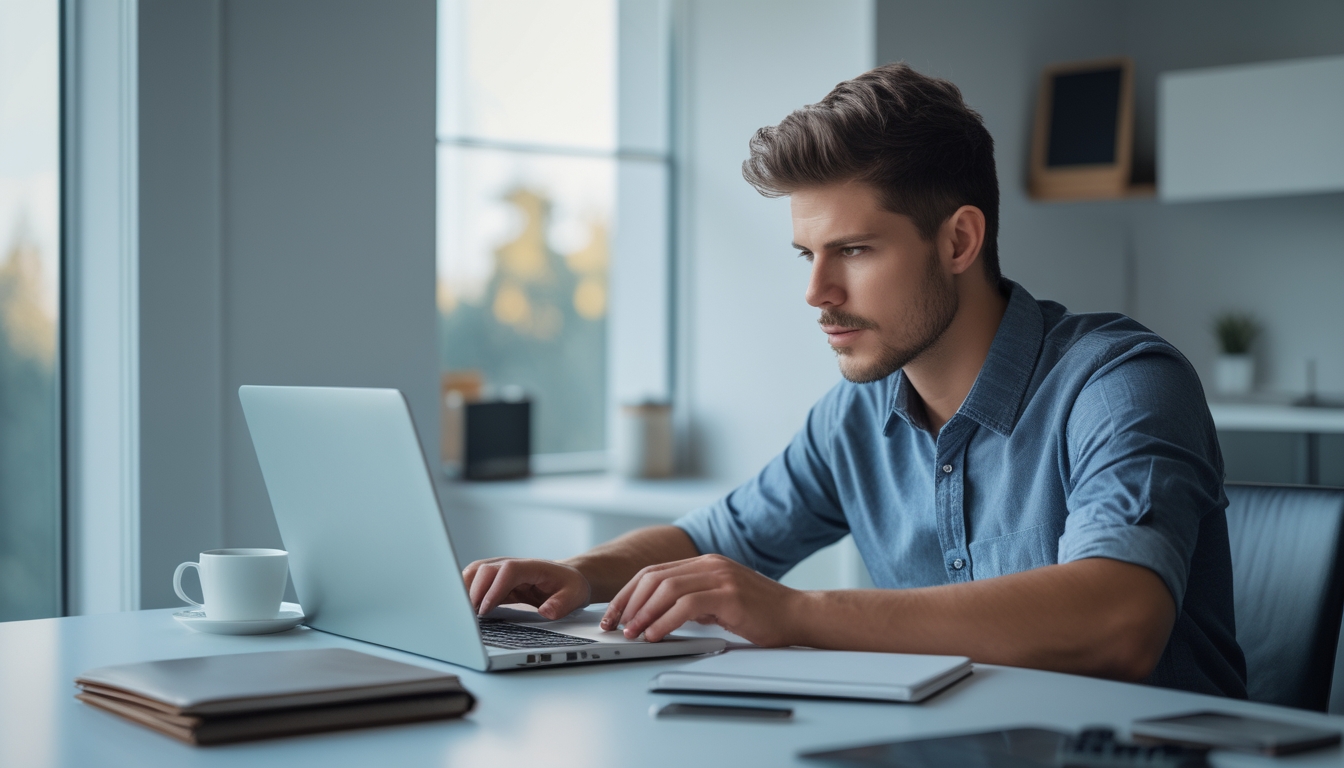 Seorang pria muda fokus bermain permainan slot online di laptop di meja kerja yang rapi dengan secangkir kopi dan ponsel di dekatnya.