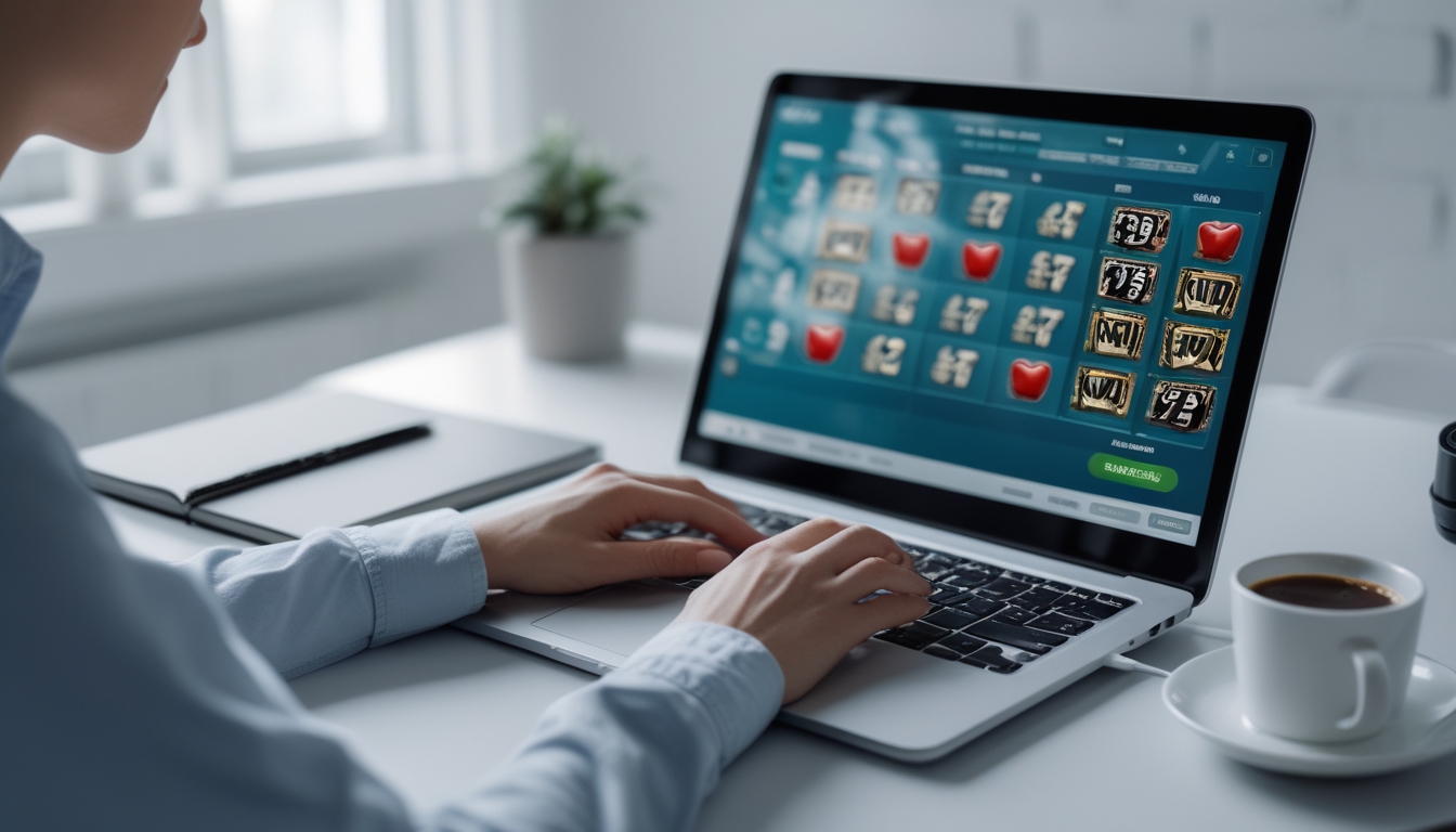 Seseorang duduk di meja dengan laptop, fokus bermain permainan slot online dalam suasana yang tenang dan terang.