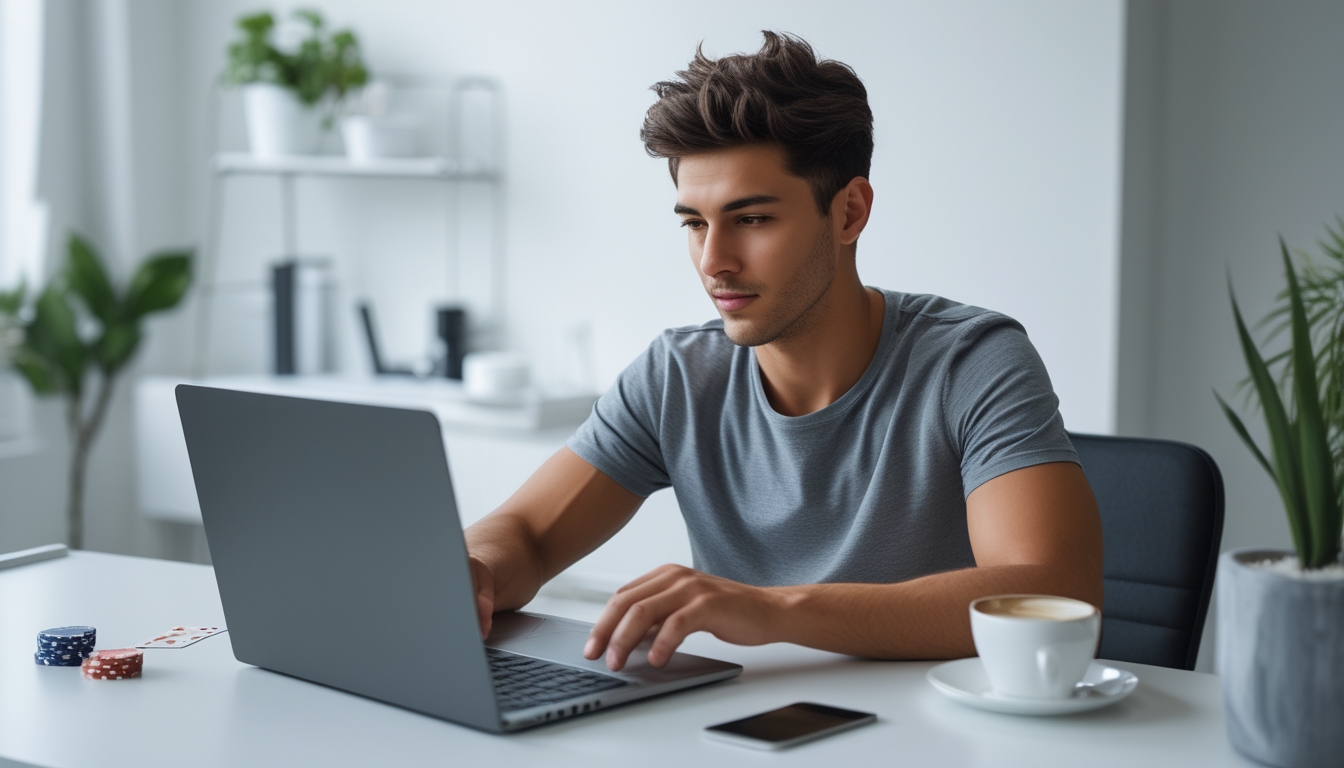 Seseorang duduk di meja dengan laptop, fokus bermain permainan slot online di ruang kerja yang rapi dan terang.