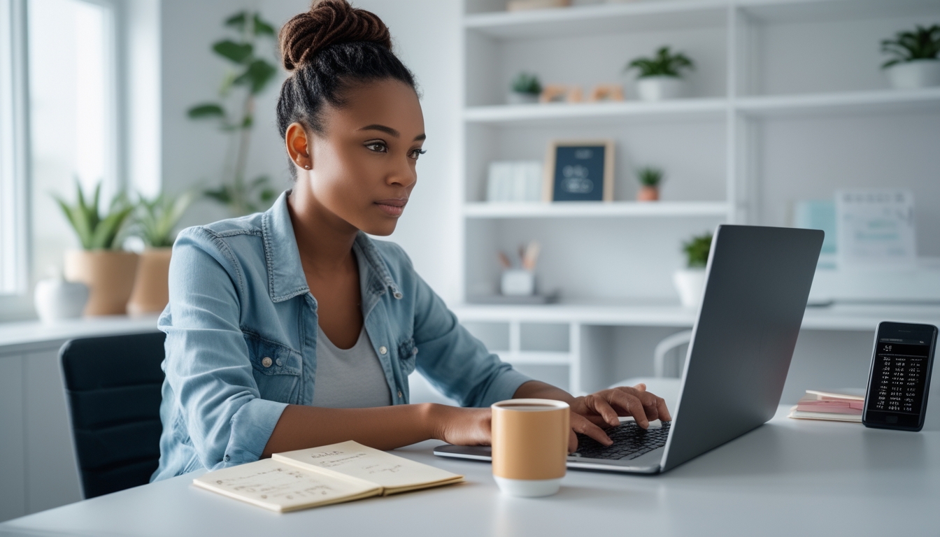 Seseorang duduk di meja dengan laptop, fokus bermain slot online di lingkungan rumah yang rapi dan tenang.