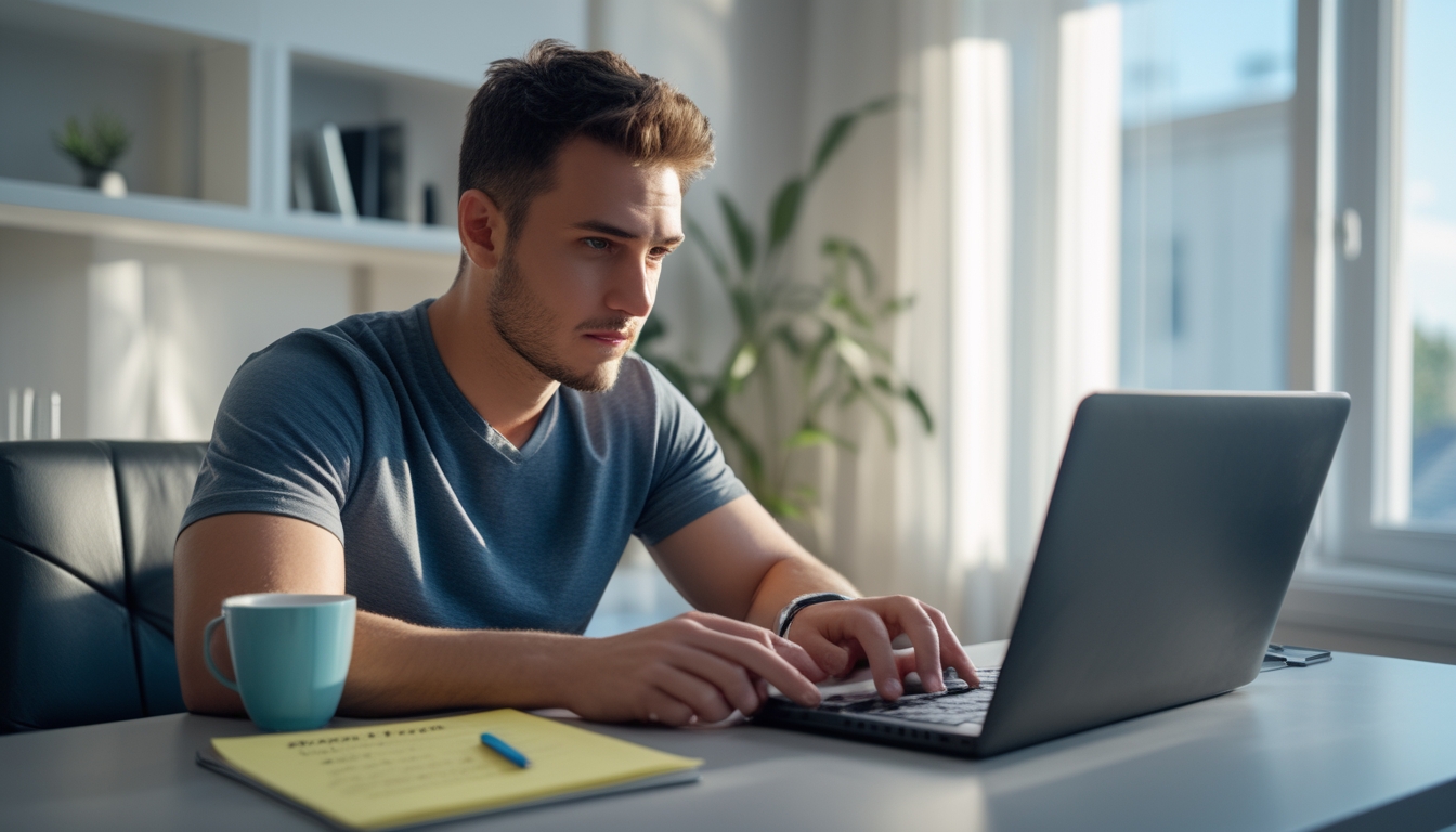 Seorang pria muda duduk di meja modern bermain permainan slot online di laptop dengan catatan dan kopi di sampingnya.