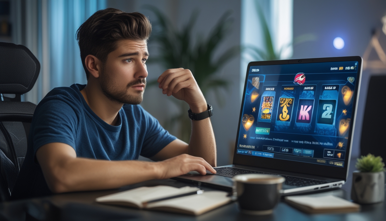 Seorang pria muda duduk di depan laptop yang menampilkan permainan slot online, tampak fokus dan berpikir sambil mencatat di buku catatan di meja.