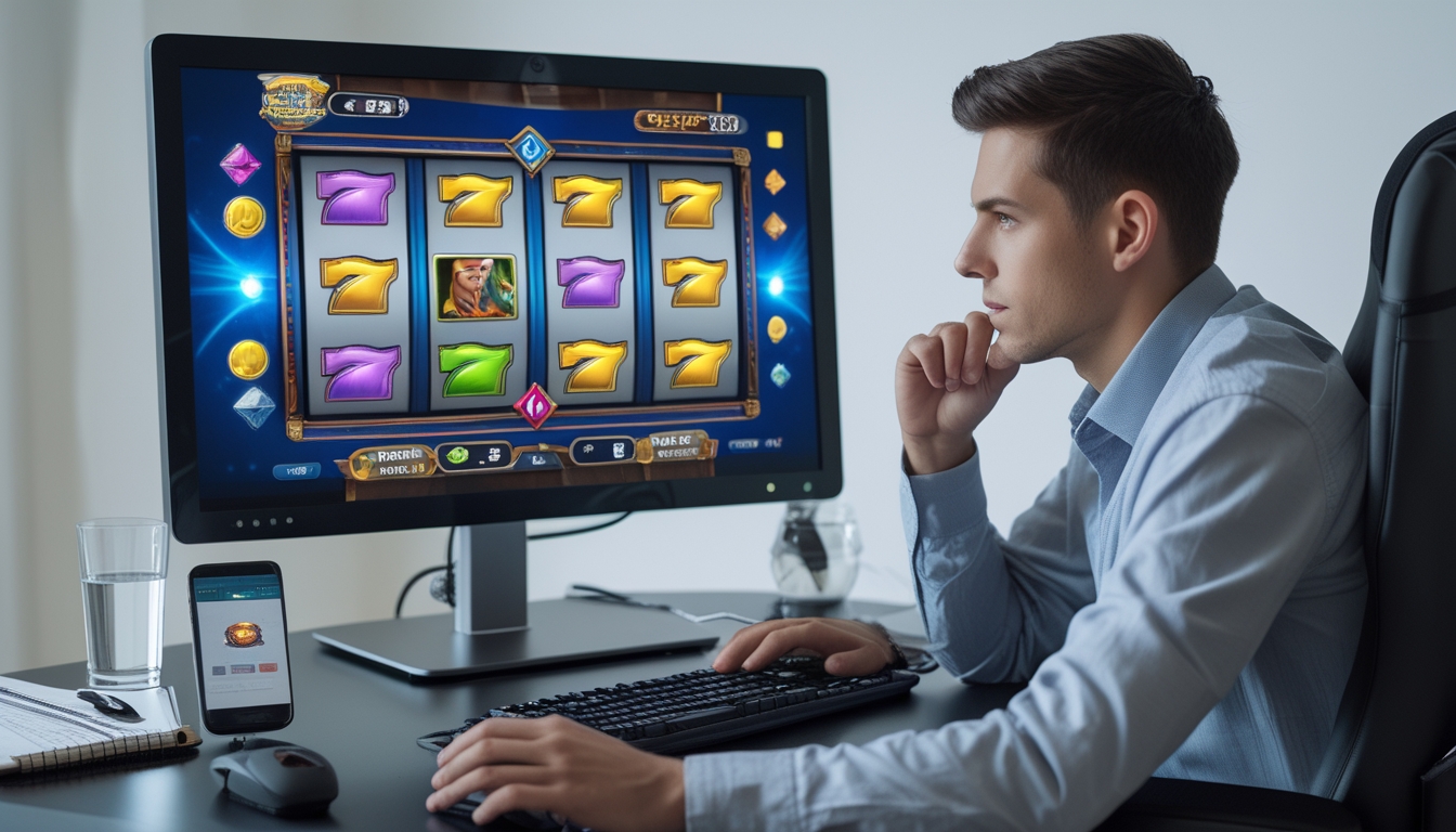 Seorang pria muda fokus bermain permainan slot online di depan komputer dengan layar besar, terlihat berpikir dan berhati-hati.