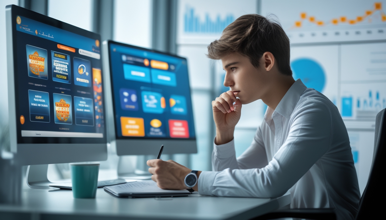 Seorang profesional muda sedang duduk di meja kerja dengan beberapa layar komputer yang menampilkan permainan slot online, sambil mencatat dengan serius di notepad.