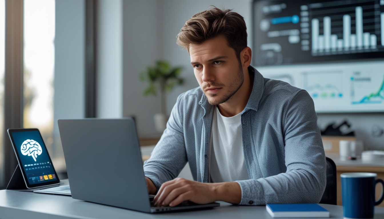 Seorang pria muda duduk di depan laptop dengan ekspresi fokus, di ruang kerja yang rapi dengan elemen yang menggambarkan psikologi dan analisis di sekitar meja.