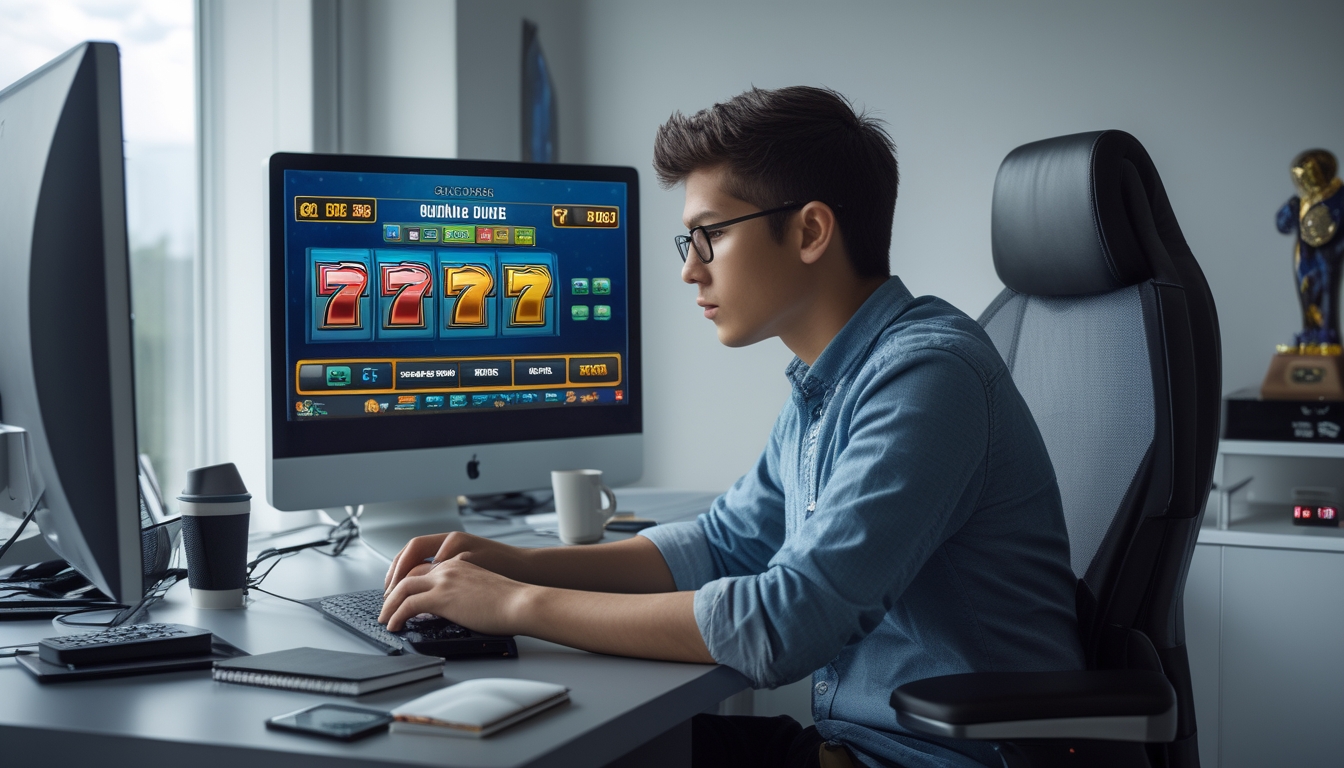 Seorang pemain slot online serius duduk di depan komputer di ruang kerja yang rapi, fokus melihat layar permainan slot dengan alat tulis di tangan.