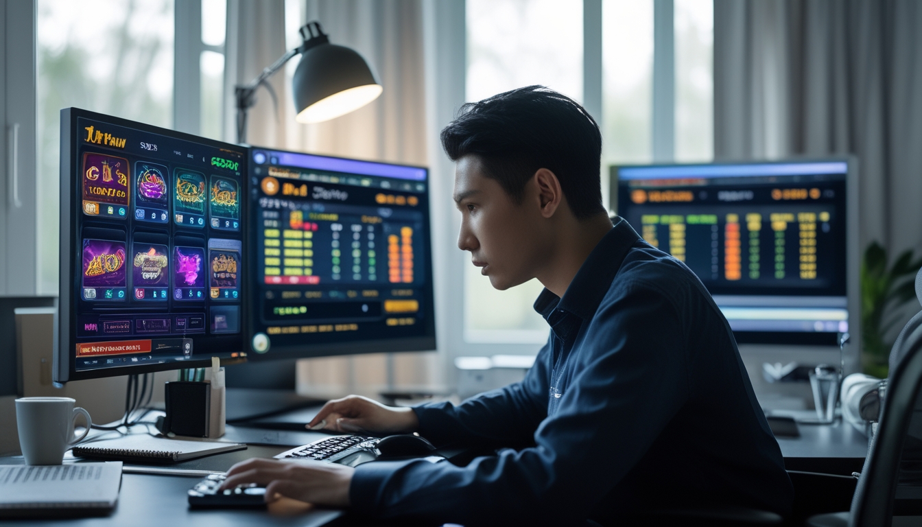 Seorang pemain serius sedang bermain permainan slot online di ruang kerja modern dengan beberapa layar komputer yang menampilkan permainan slot dan data analisis.