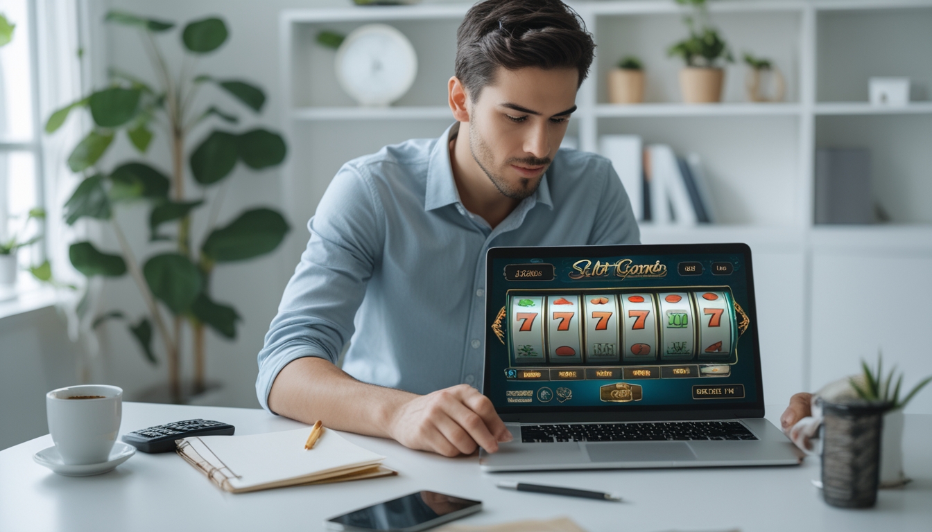 Seorang pria muda duduk di meja dengan laptop yang menampilkan permainan slot online, tampak fokus dan sedang membuat catatan di ruangan yang terang dan rapi.
